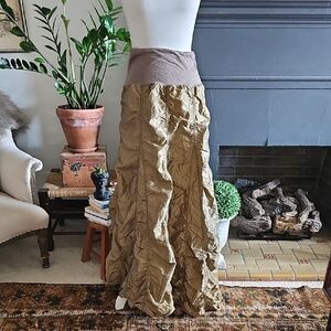 Gold Tan Ruched Bubble Maxi Skirt